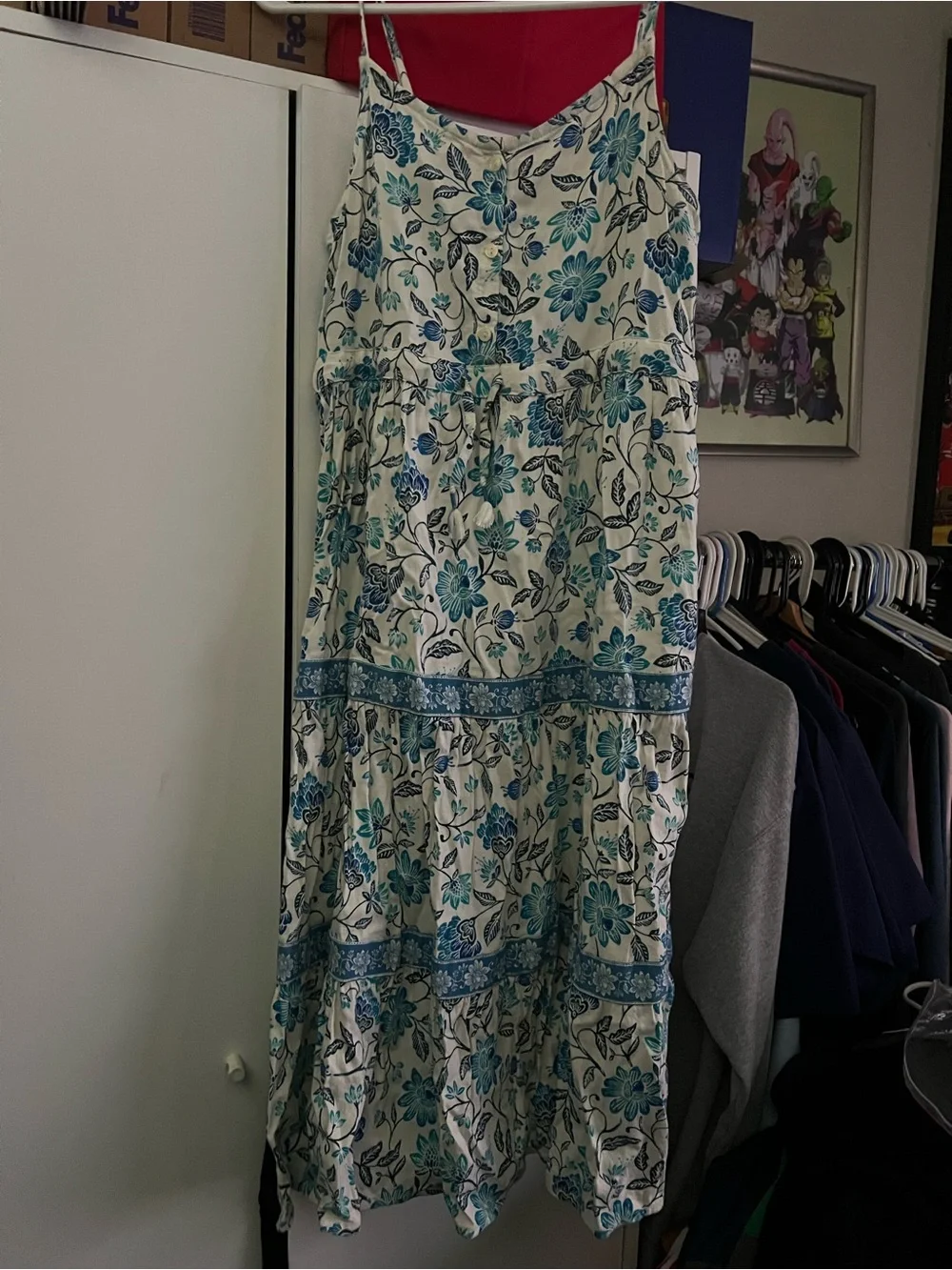 Old Navy Cream Top with Blue & Teal Floral Print Youth Size XLarge 14/16